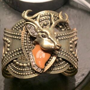 Vintage Buck Orange & Gold Tone/Crystals Deer Motif Cuff Bracelet